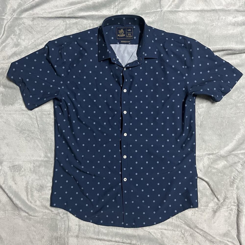 Rugby University Blue Short Sleeve Button Up Shirt Men's Size Large